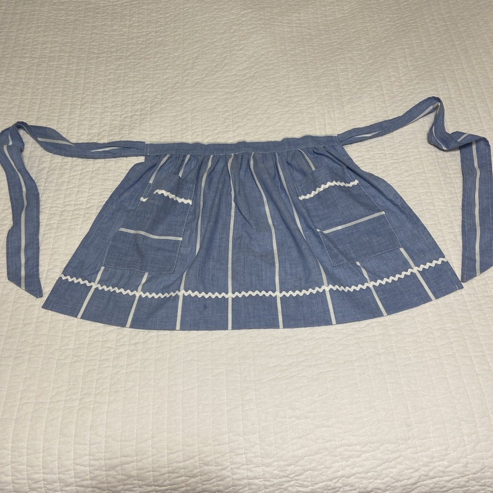Blue Striped Apron White Rick Rack Pockets Handmade Size Large-XL